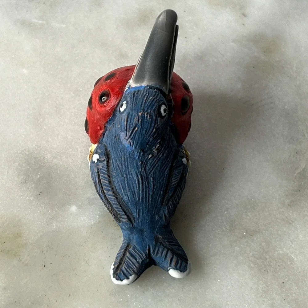 Handmade Clay Bird Figurine HL‎ Marked Toucan Style Red Blue Folk Art Pottery 2